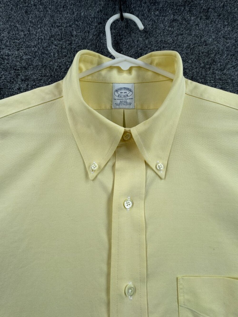 Brooks Brothers * OCBD Mens 18 34 Slim Button-Down Yellow Non-Iron Shirt Solid
